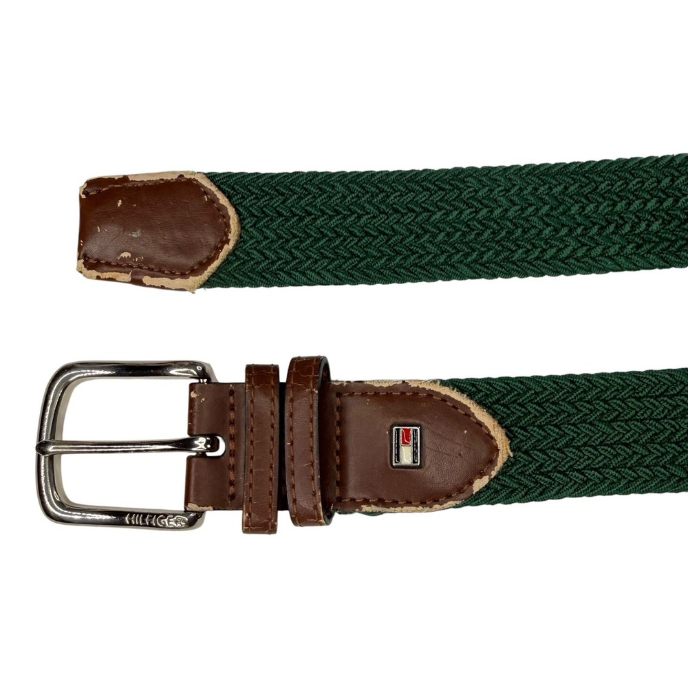 Tommy Hilfiger Men's M 36-38 Green Braided Stretch Belt Brown Leather Logo